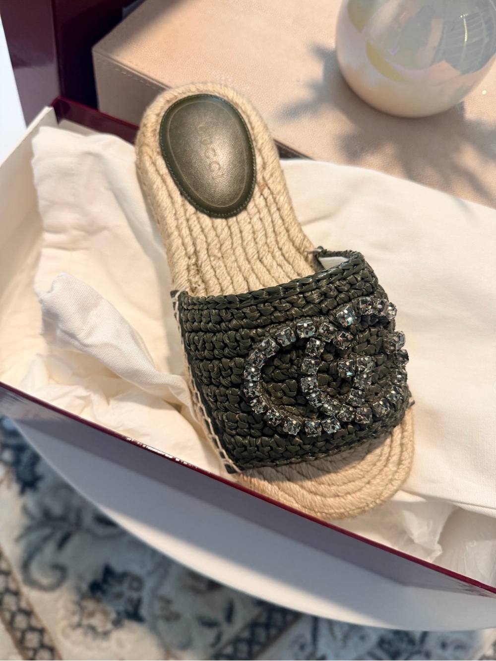 Gucci Olive Green Crystal CC Raffia Espadrille Slide